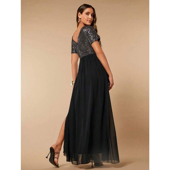 NWT SHEIN Belle Contrast Sequin Split Thigh Chiffon Dress Size Small - Picture 2 of 5